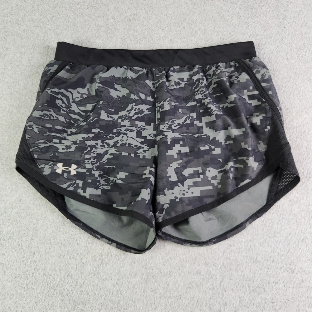 Under Armour Shorts Womens SM Grey Fly By Digital Camo HeatGear Running Athletic